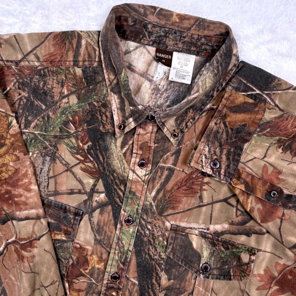VTG 90s Ranger Camo Button Shirt Men 2X Brown Green Realtree Heavyweight Wooded